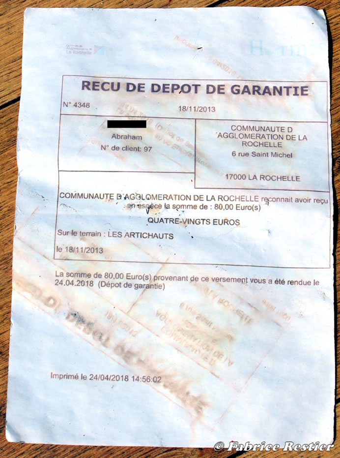 Reçu de dépôt de garantie de la Communauté d’Agglomération de La Rochelle.
